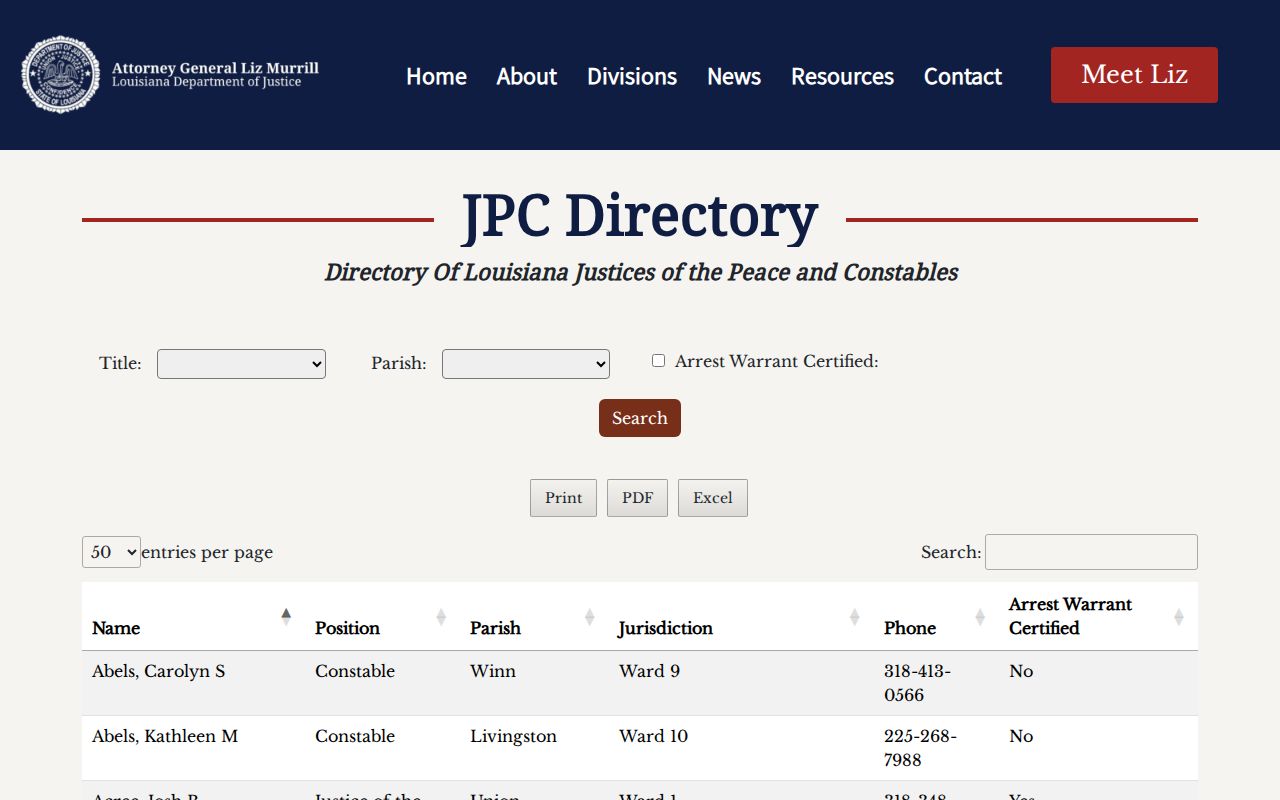 Louisiana Attorney General justice of the peace directory used for Winn Parish bench warrant routing