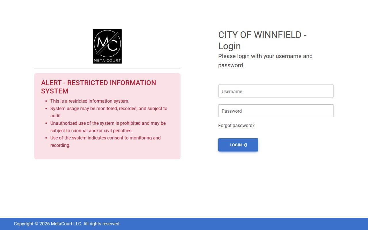 Restricted Winnfield City Court portal login page for Winn Parish warrant records