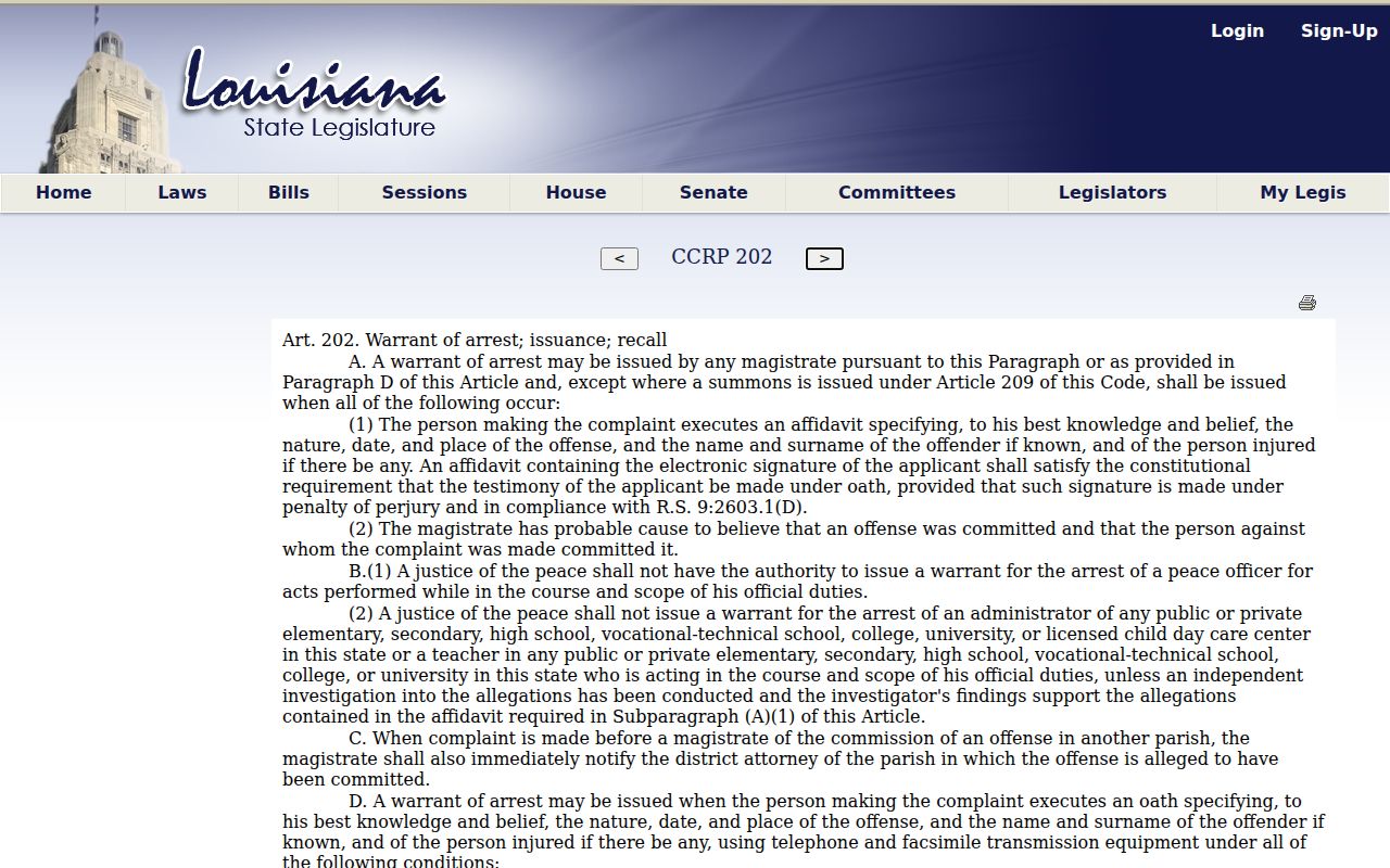 Louisiana Code of Criminal Procedure article 202 probable cause text used in Winn Parish arrest warrants