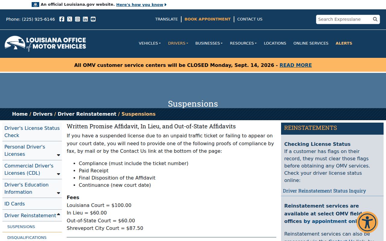 Louisiana Office of Motor Vehicles traffic failure to appear compliance page used after Winn Parish traffic warrants
