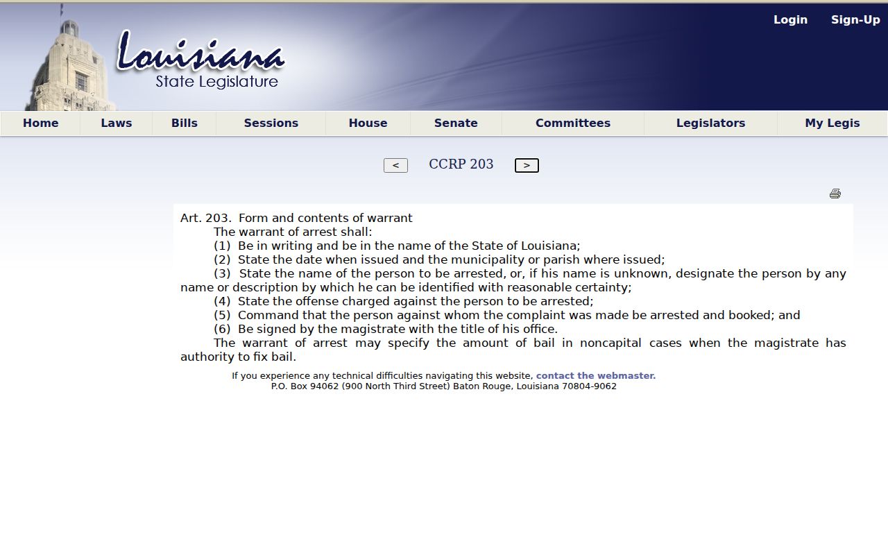 Louisiana article 203 warrant form field requirements for Winn Parish arrest warrant records