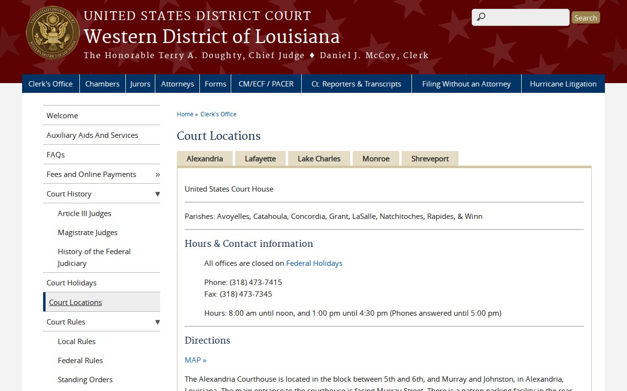 Federal courthouse contact page for the Western District of Louisiana division serving Winn Parish
