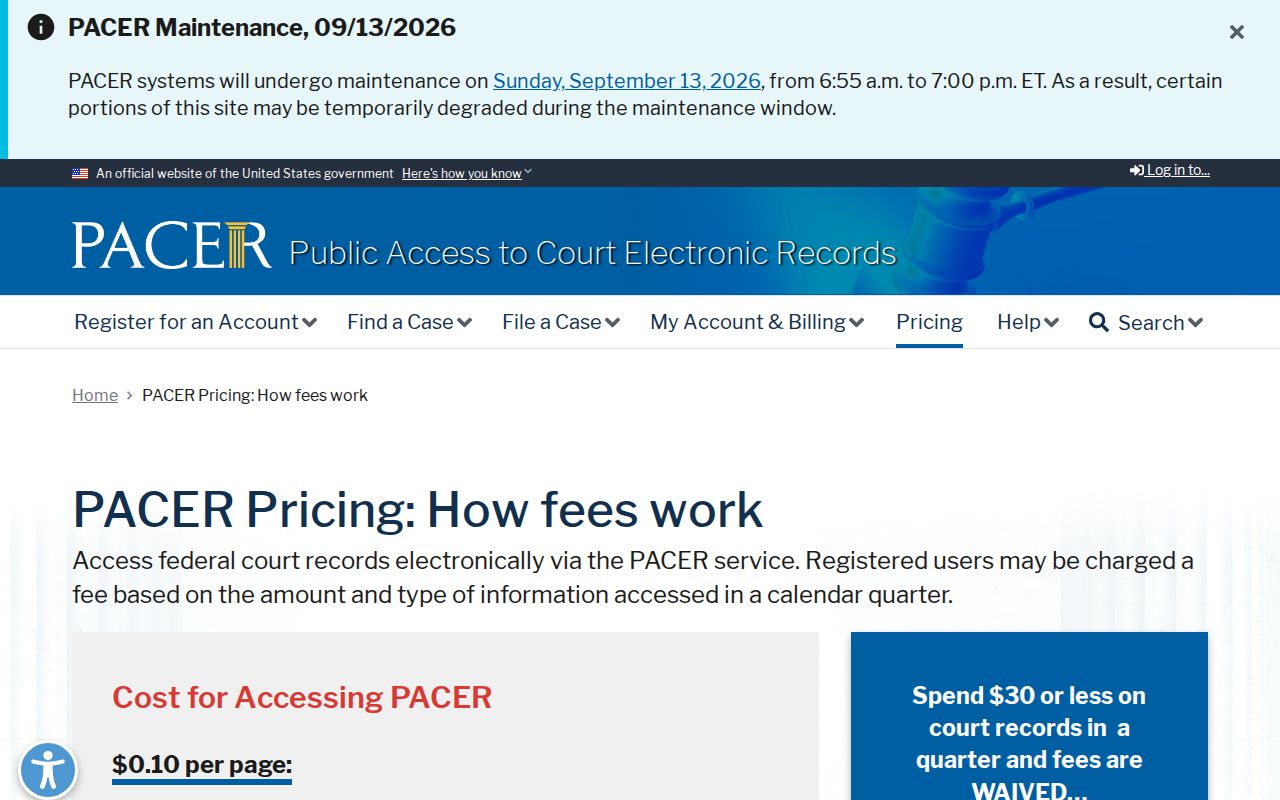 PACER federal court records pricing page that is not a Winn Parish warrant search